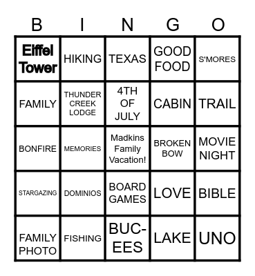 FAMILY CABIN BINGO NIGHT Bingo Card
