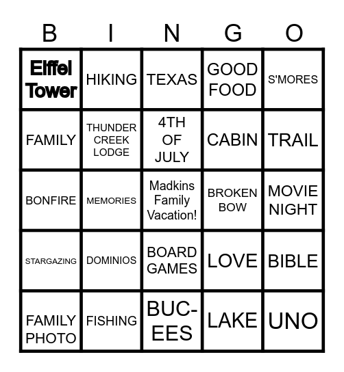 FAMILY CABIN BINGO NIGHT Bingo Card