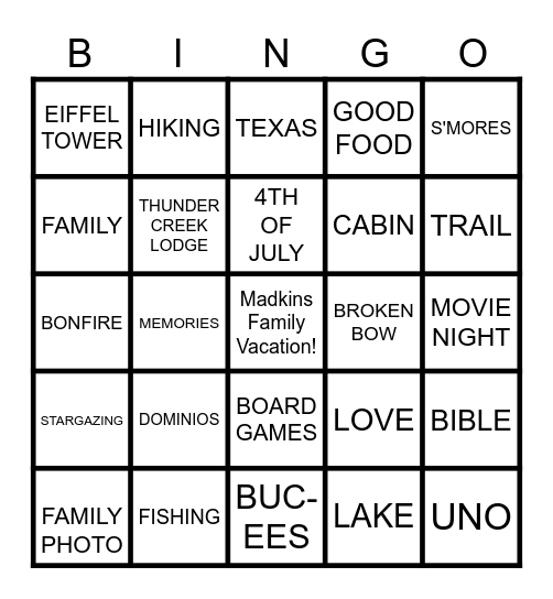 FAMILY CABIN BINGO NIGHT Bingo Card