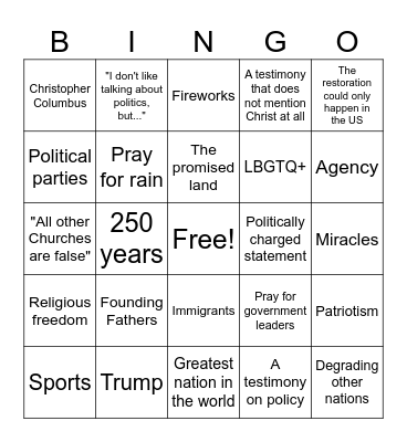 4th of July Fast and Testimony Meeting Bingo Card