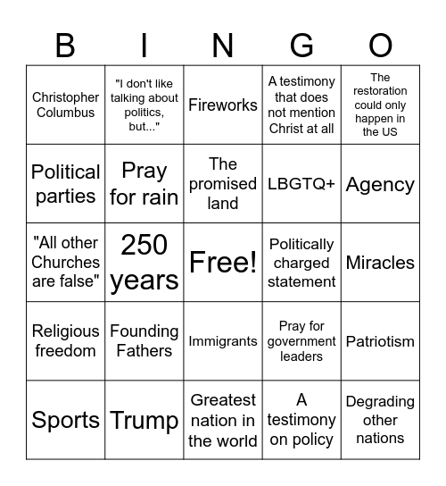 4th of July Fast and Testimony Meeting Bingo Card