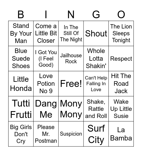 50's & 60's Bingo Card