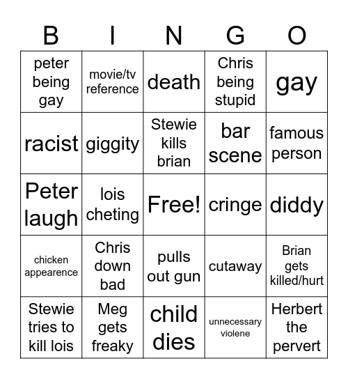 Family Guy Bingo Card