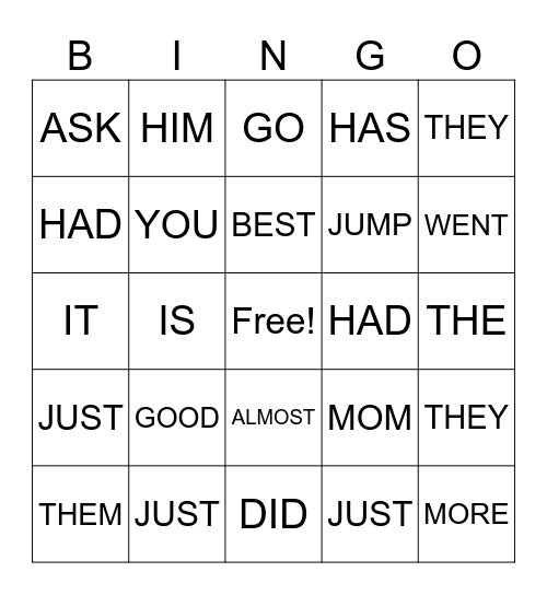 SIGHT WORD BINGO Card