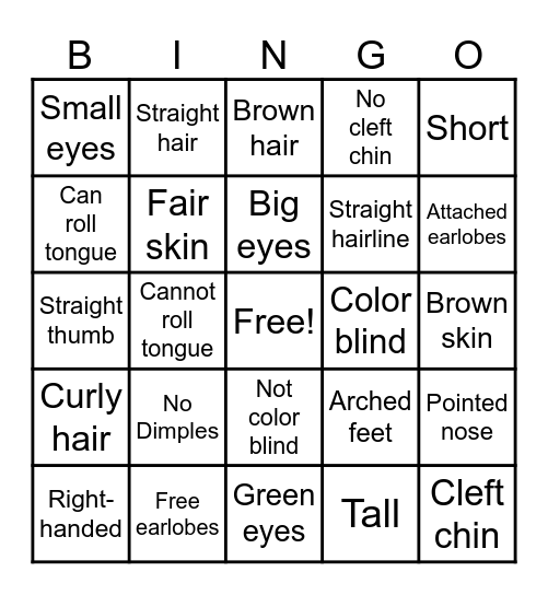 Genetic Traits Bingo Card