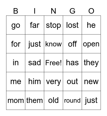 SIGHT WORDS Bingo Card