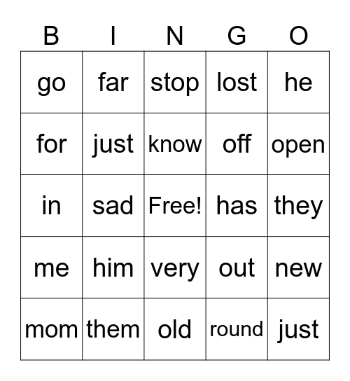 SIGHT WORDS Bingo Card