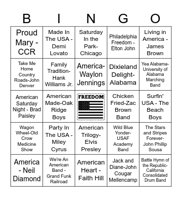 American Songs Bingo Card