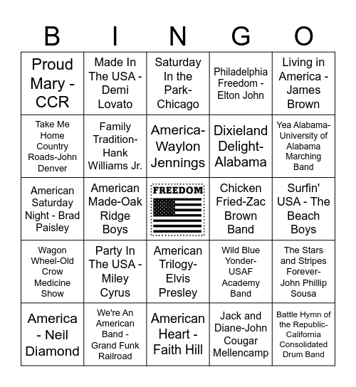 American Songs Bingo Card