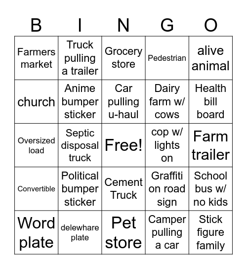 Road Trip Bingo B Bingo Card