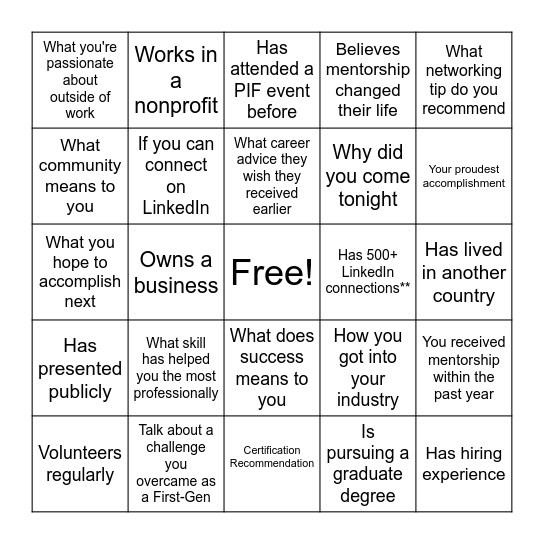 Career Bingo Card