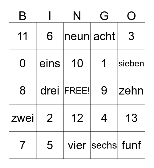 Nummern Bingo Card