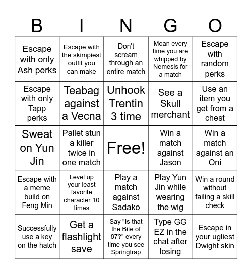 Dead By Daylight Bingo Card
