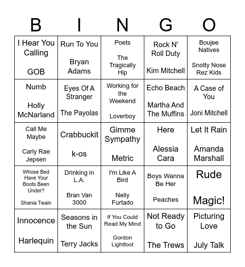 CANADIAN ARTIST Bingo Card