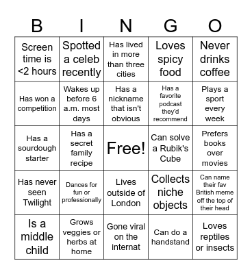 Find a Friend Bingo Card