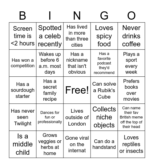 Find a Friend Bingo Card