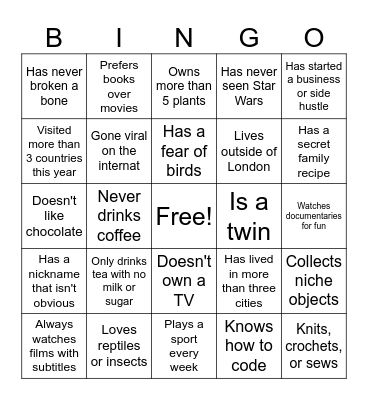 Find a Friend Bingo Card