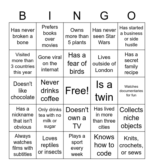 Find a Friend Bingo Card