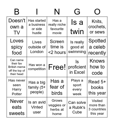 Find a Friend Bingo Card