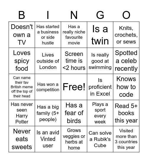Find a Friend Bingo Card