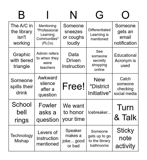 MES Staff Meeting Bingo Card