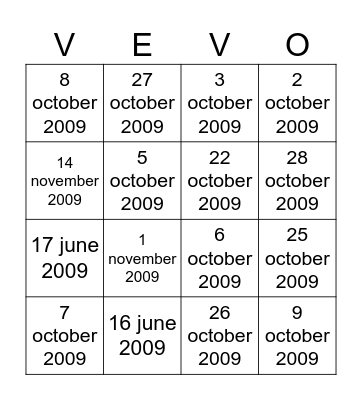 Vevo Date of upload music video Bingo Card