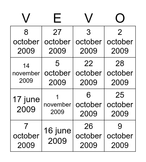 Vevo Date of upload music video Bingo Card