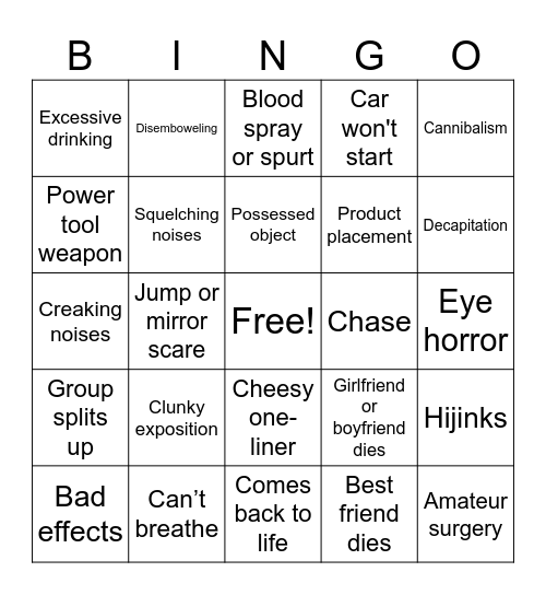 Horror Movie Club Bingo Card