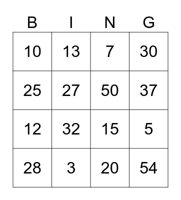 Number Bingo Card