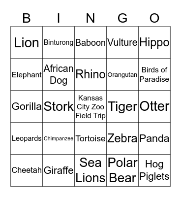 ZOO Field Trip Bingo Card
