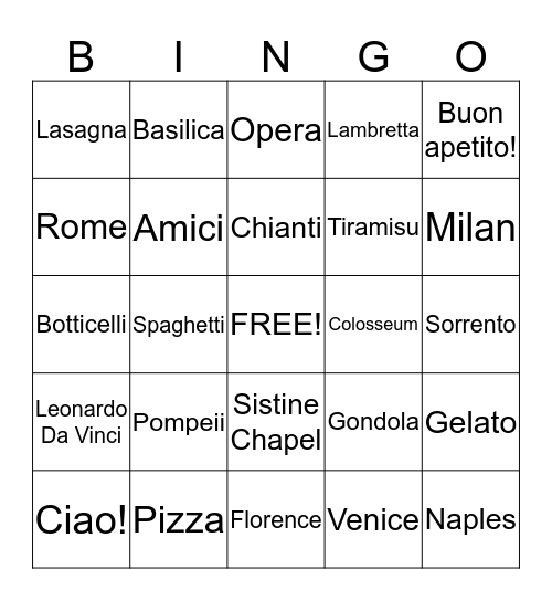Italian Bingo Card