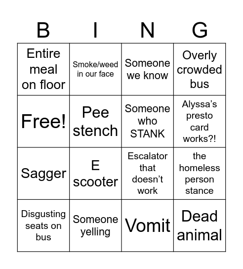 Side quest Bingo Card