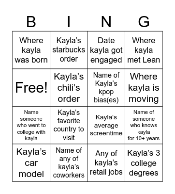 Kayla Bingo Card