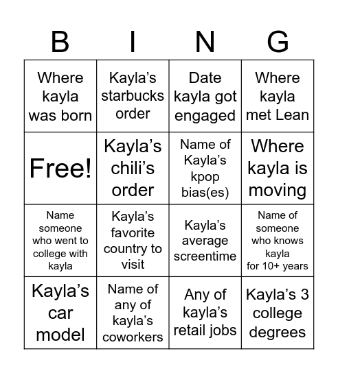 Kayla Bingo Card