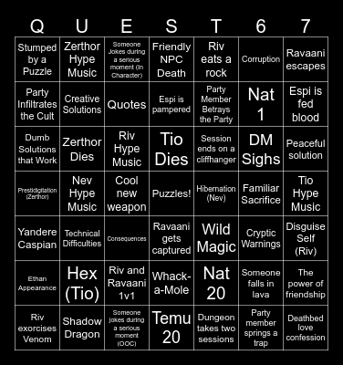 Questicles Session 67 Bingo Card