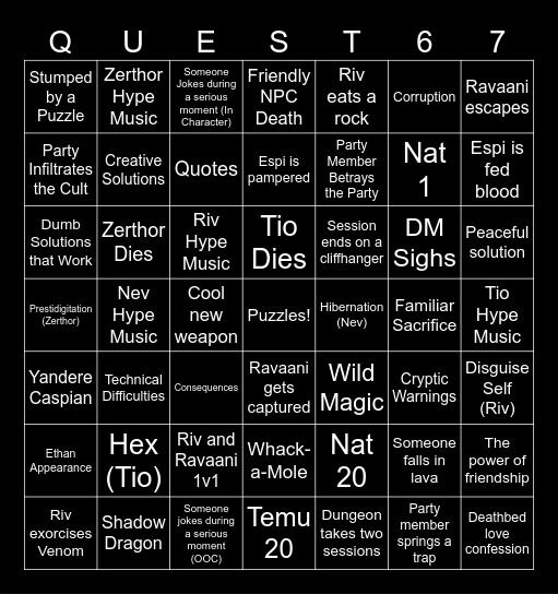 Questicles Session 67 Bingo Card