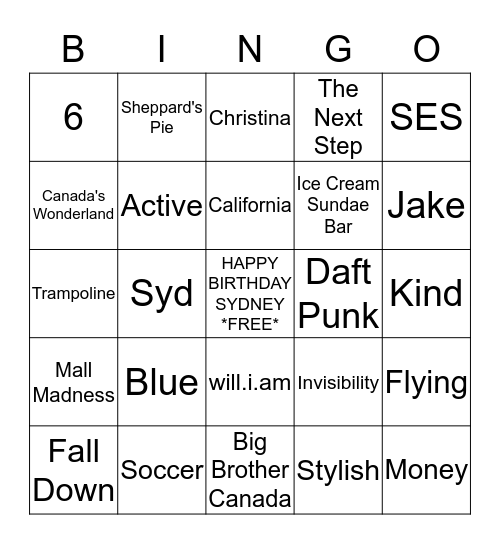 Sydney's 10th Birthday Bingo Card