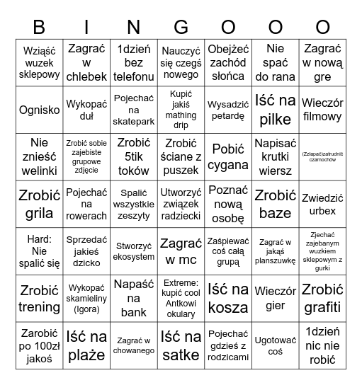 Wakacyjne Bingo Card