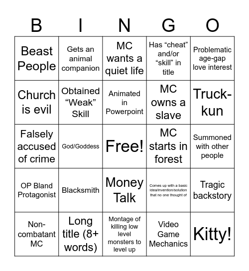 Isekai Bingo Card