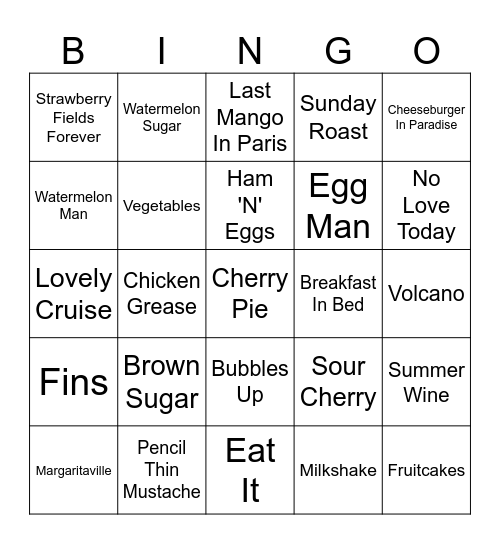 Jimmy Buffet Bingo Card