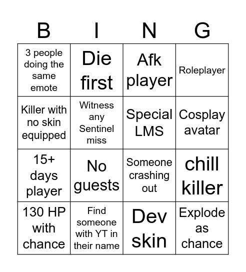 Forsaken bingo card Bingo Card