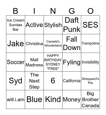 Sydney's 10th Birthday Bingo Card
