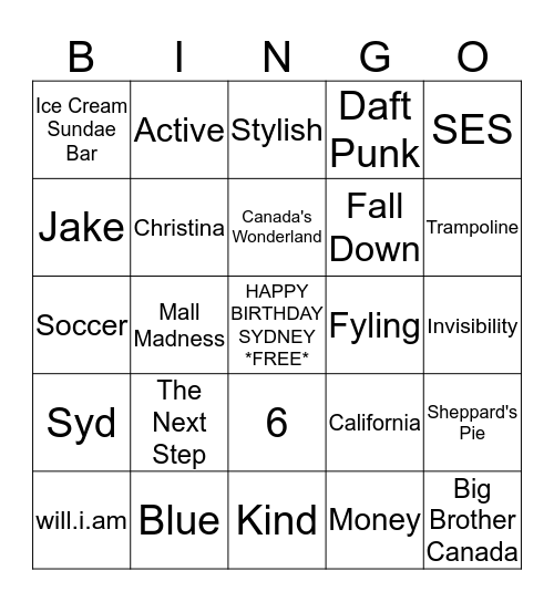 Sydney's 10th Birthday Bingo Card