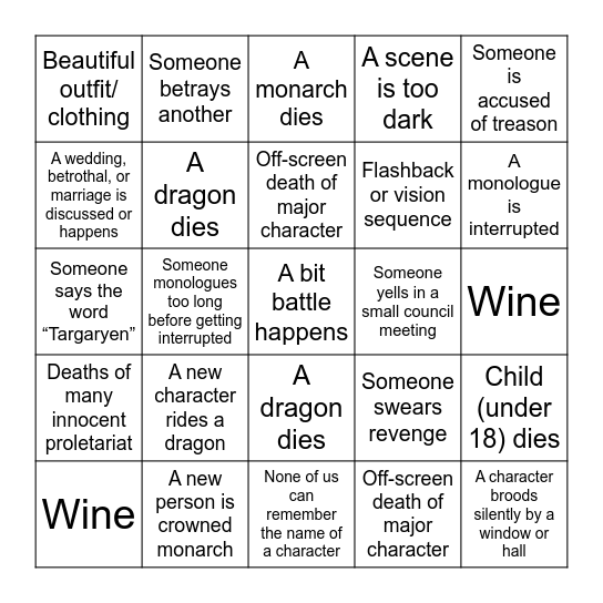 Dragon Bingo Card