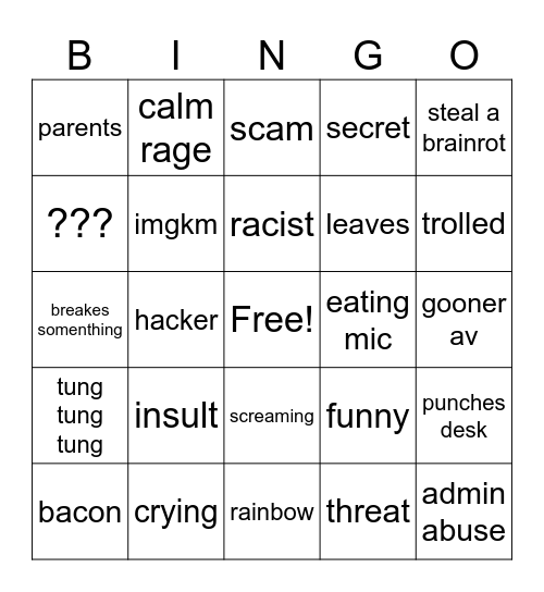 KIDS RAGING IN ROBLOX Bingo Card