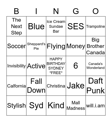 Sydney's 10th Birthday Bingo Card