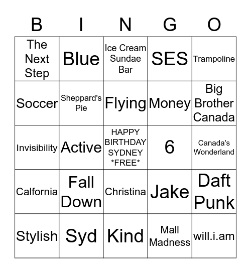Sydney's 10th Birthday Bingo Card