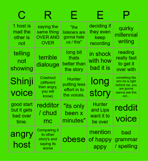 Bad story bingo Card