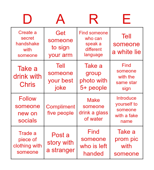 DARE Bingo Card