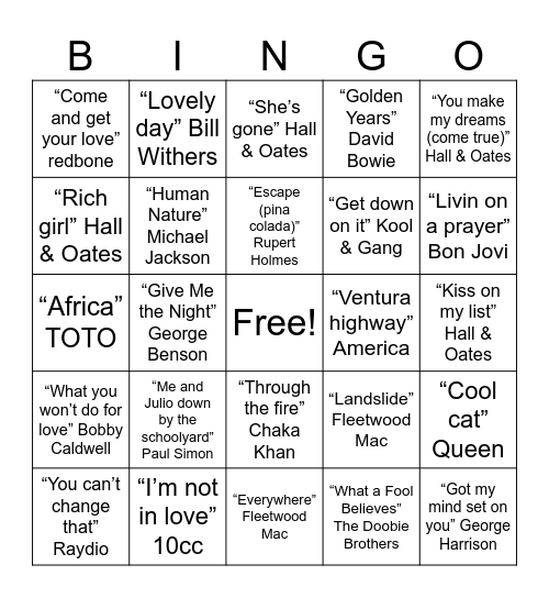 Yacht Rock Bingo Card